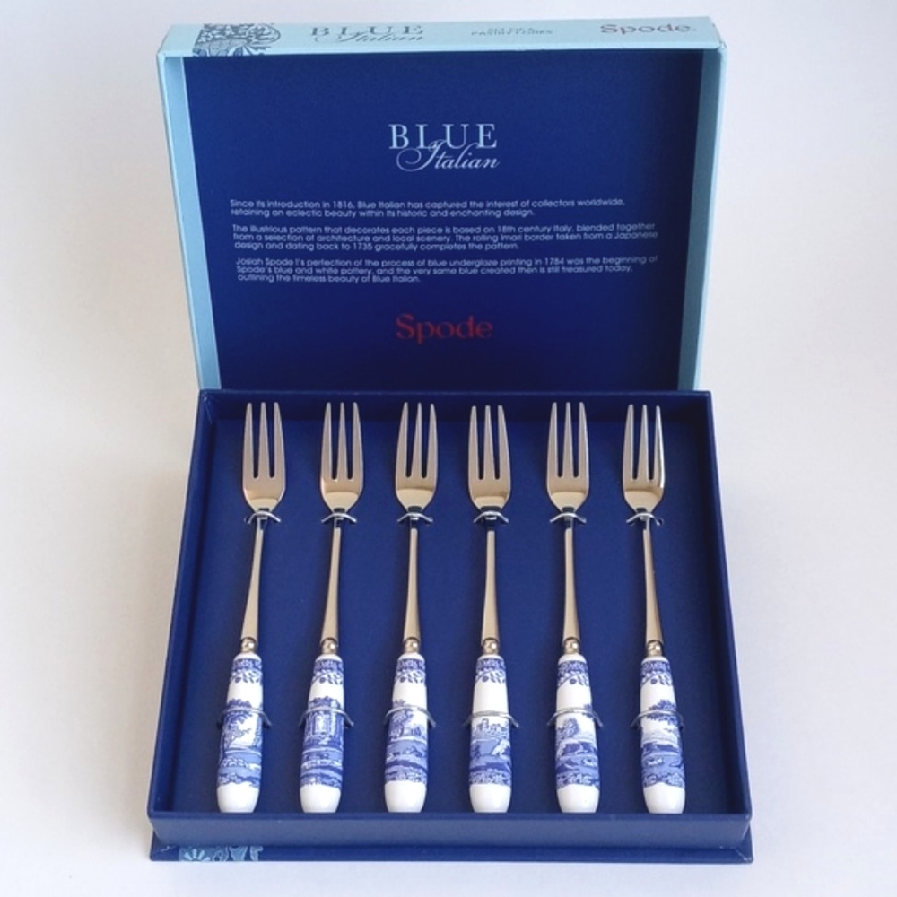 NIB Spode Blue Italian Silver & Floral Landscape Pastry Serving Forks Set Of 6 - Picture 4 of 13